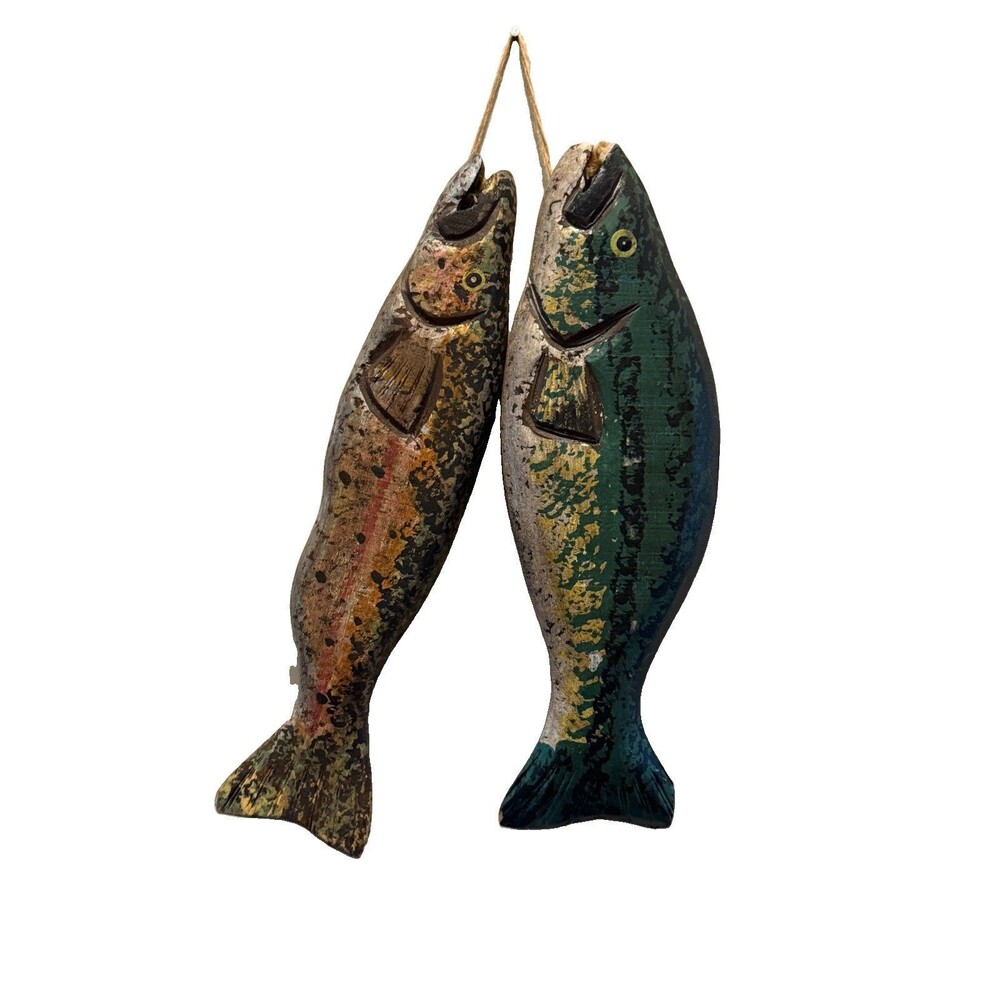 Pair of Vintage Hand Carved Wood Fish Wall Hanging Folk Art Cabin Decor 11”